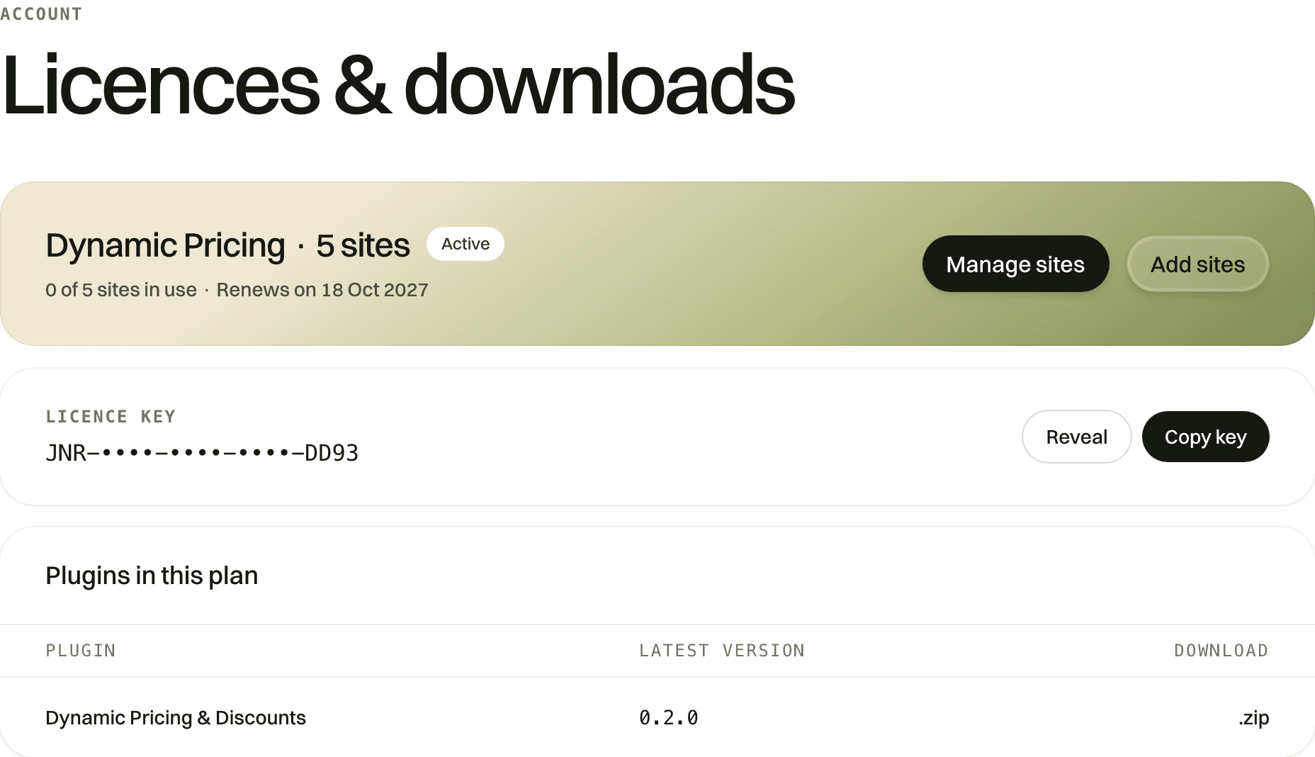 Licences & downloads in your Joinery account, with the licence key and a .zip download link.