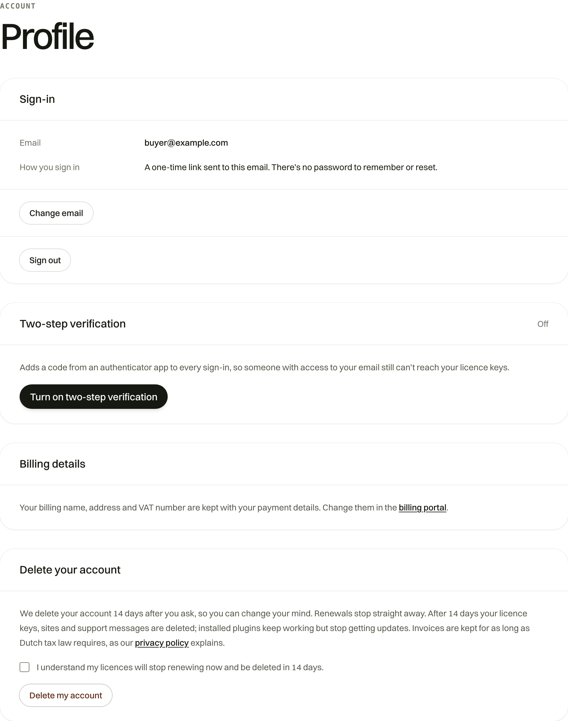 The Profile page: email, two-step verification and account deletion.