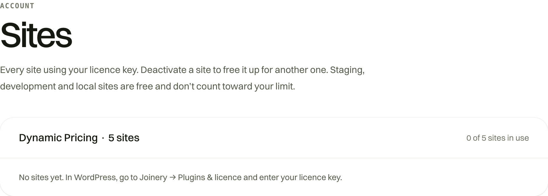The Sites page in your Joinery account.