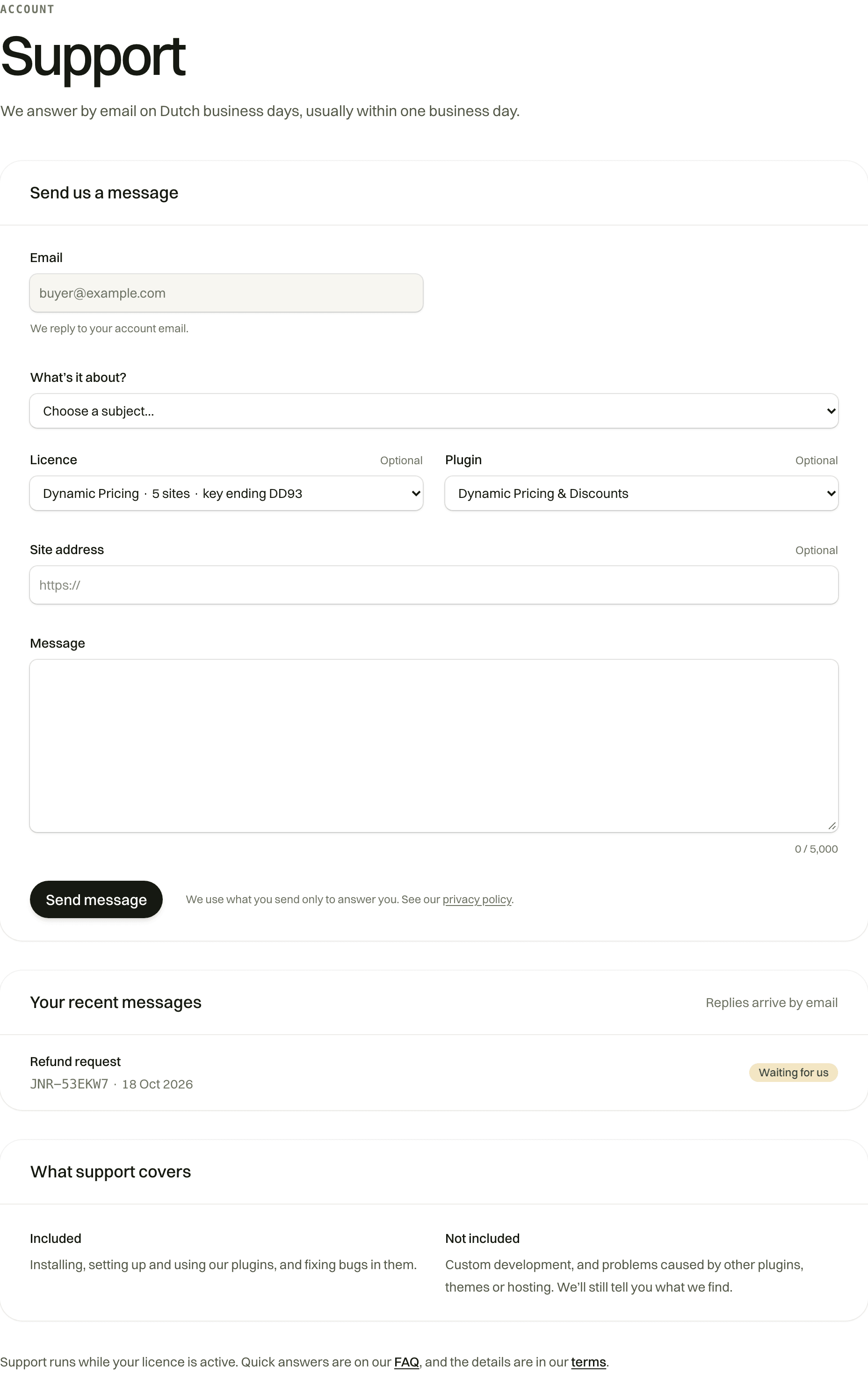 The support form in your Joinery account.