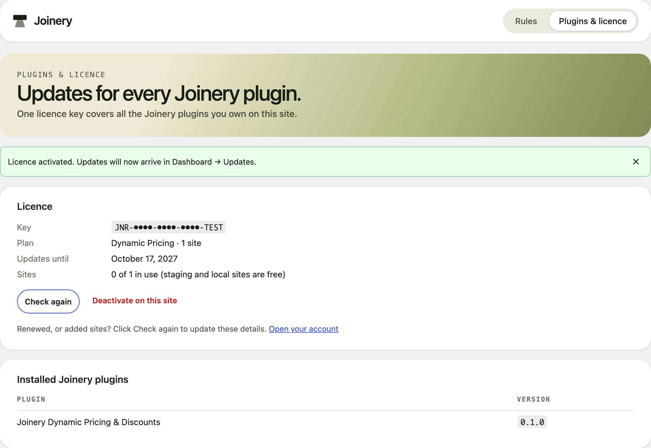 Joinery → Plugins & licence after activation, showing the plan, renewal date and sites in use.