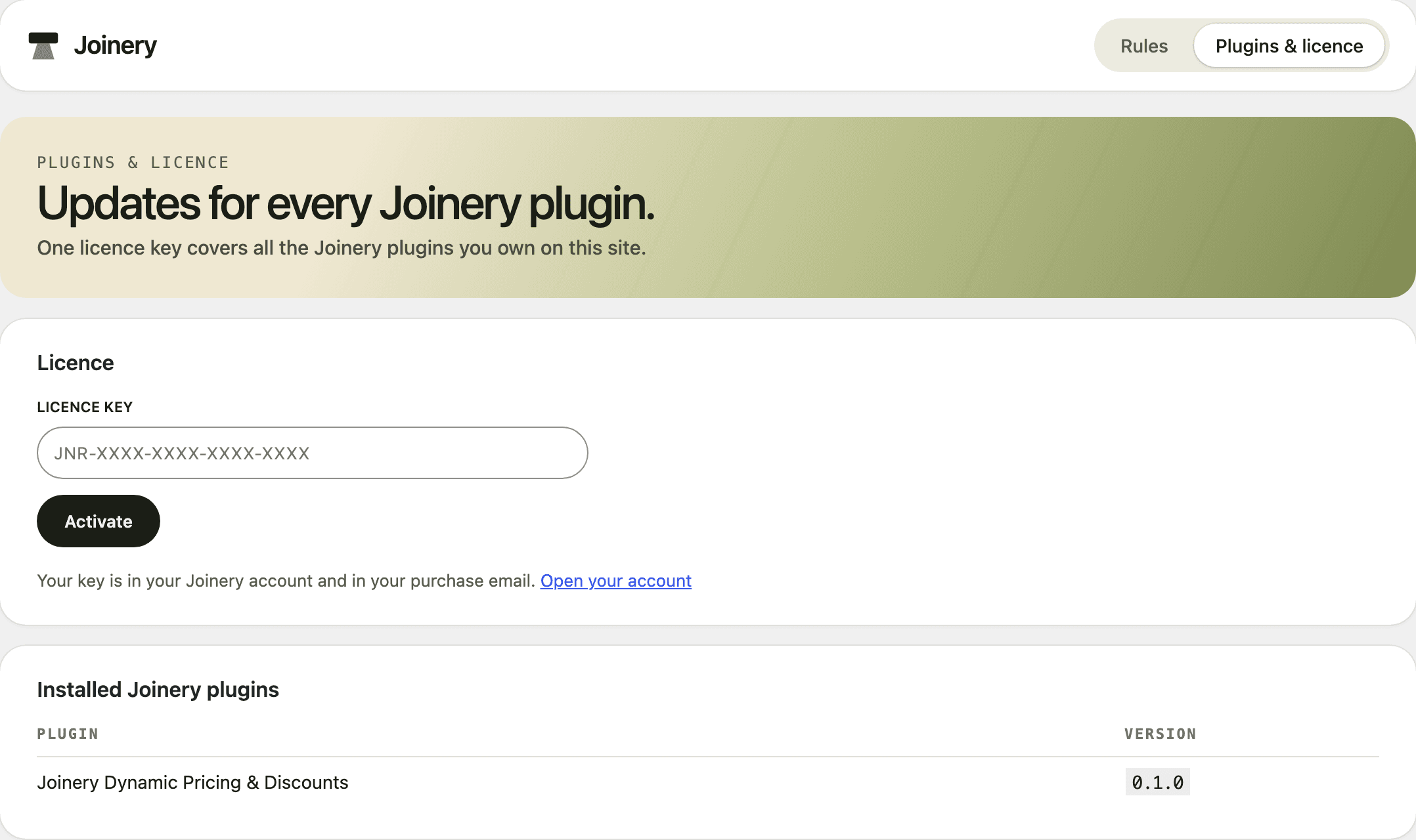 Joinery → Plugins & licence with an empty Licence key field and an Activate button.