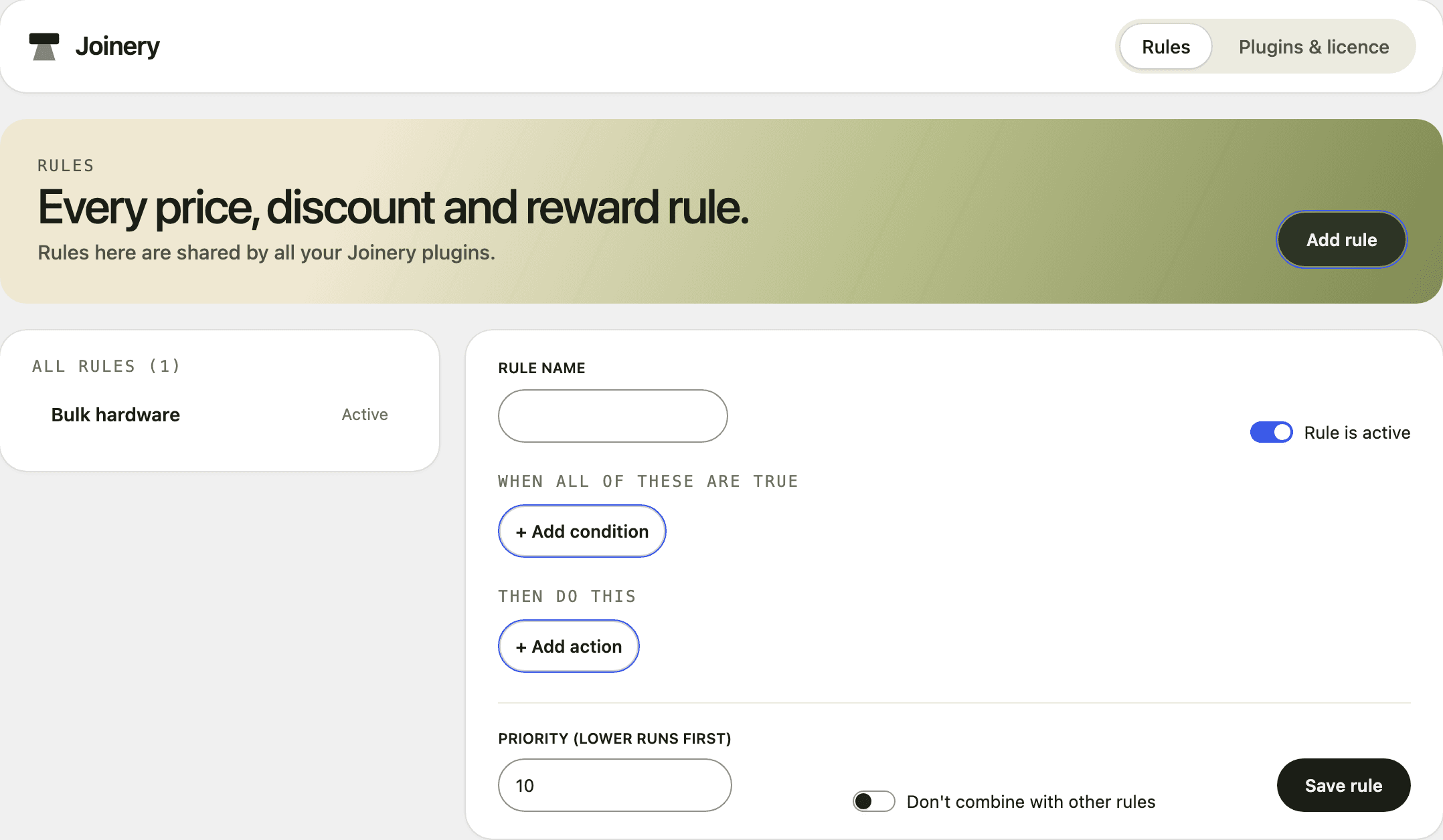 A new, empty rule in Joinery → Rules.