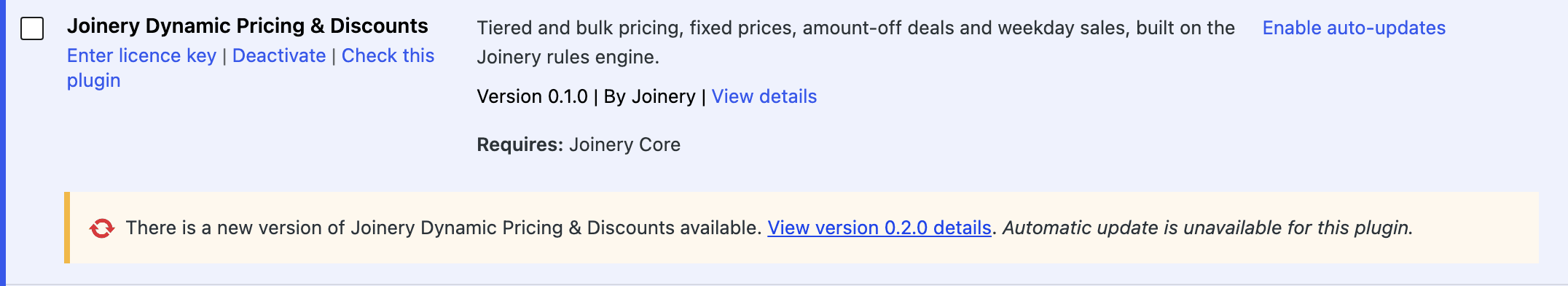 The Plugins screen showing Joinery Dynamic Pricing with an "Enter licence key" link and an update notice.