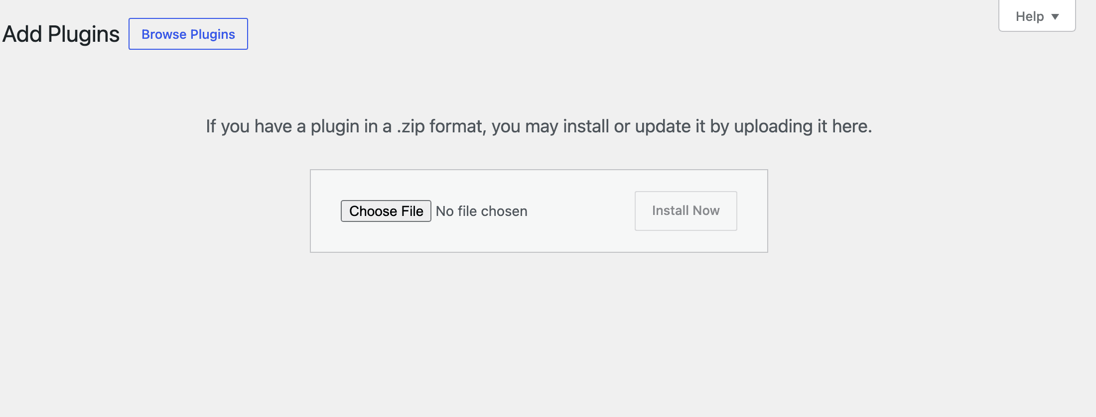 WordPress Plugins → Add New Plugin → Upload Plugin, with a Choose File button.