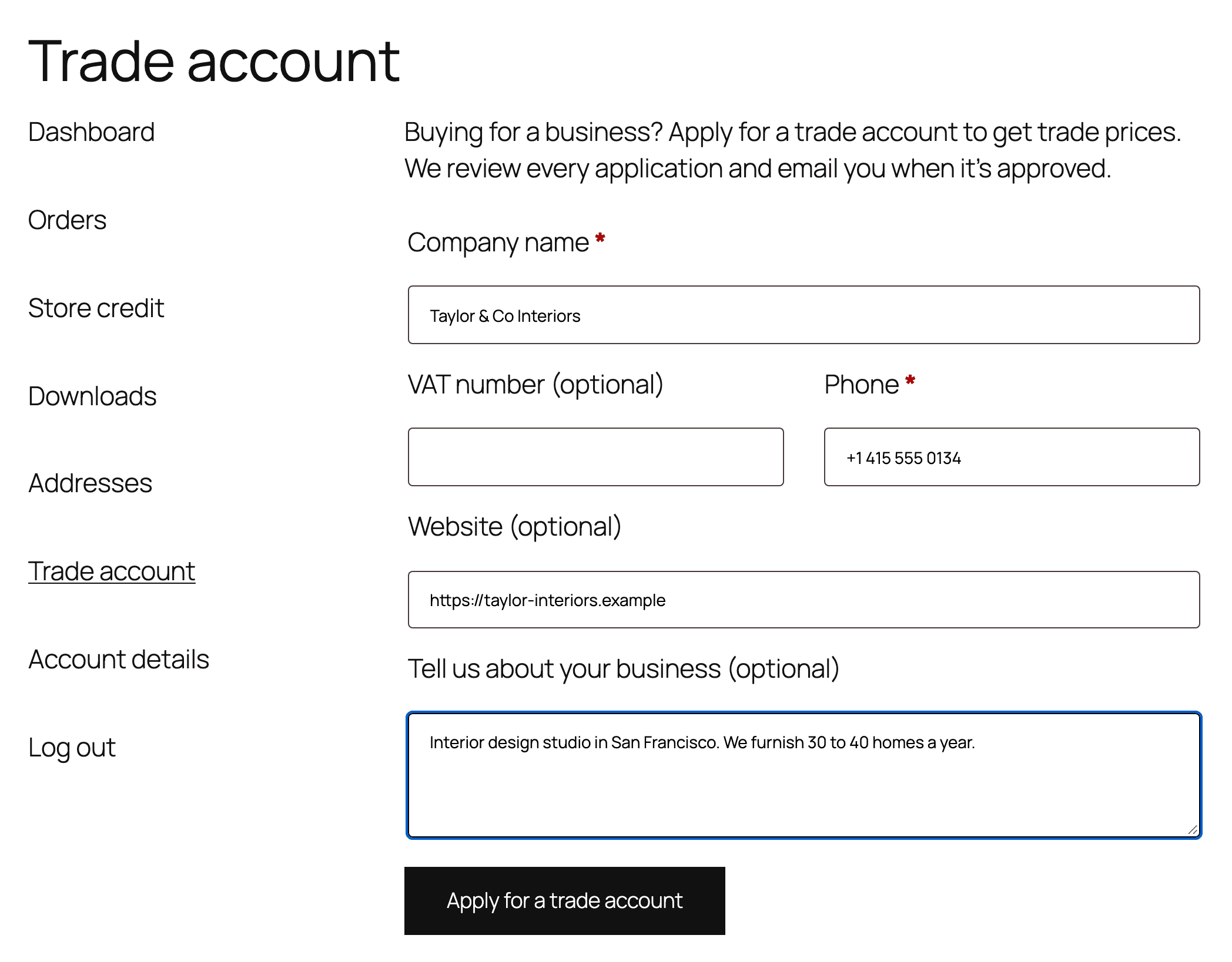 My account → Trade account: the application form with Company name, VAT number, Phone, Website and Tell us about your business, and an Apply for a trade account button.