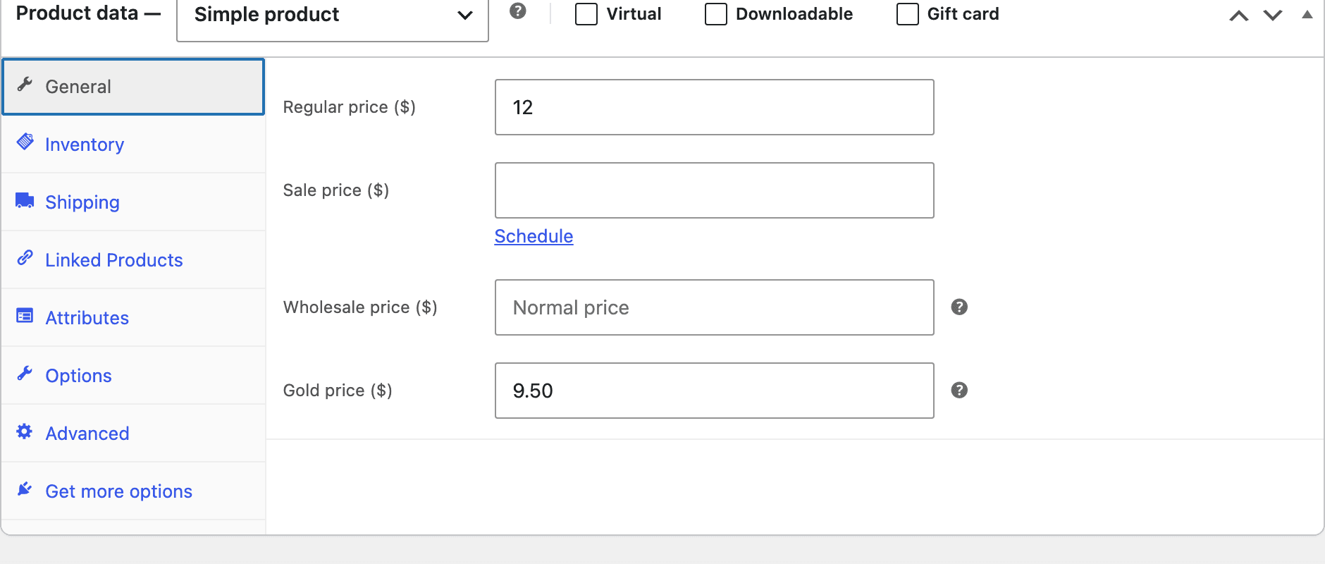 Product data → General with a Wholesale price field (empty: normal price) and a Gold price of 9.50 under Regular and Sale price.