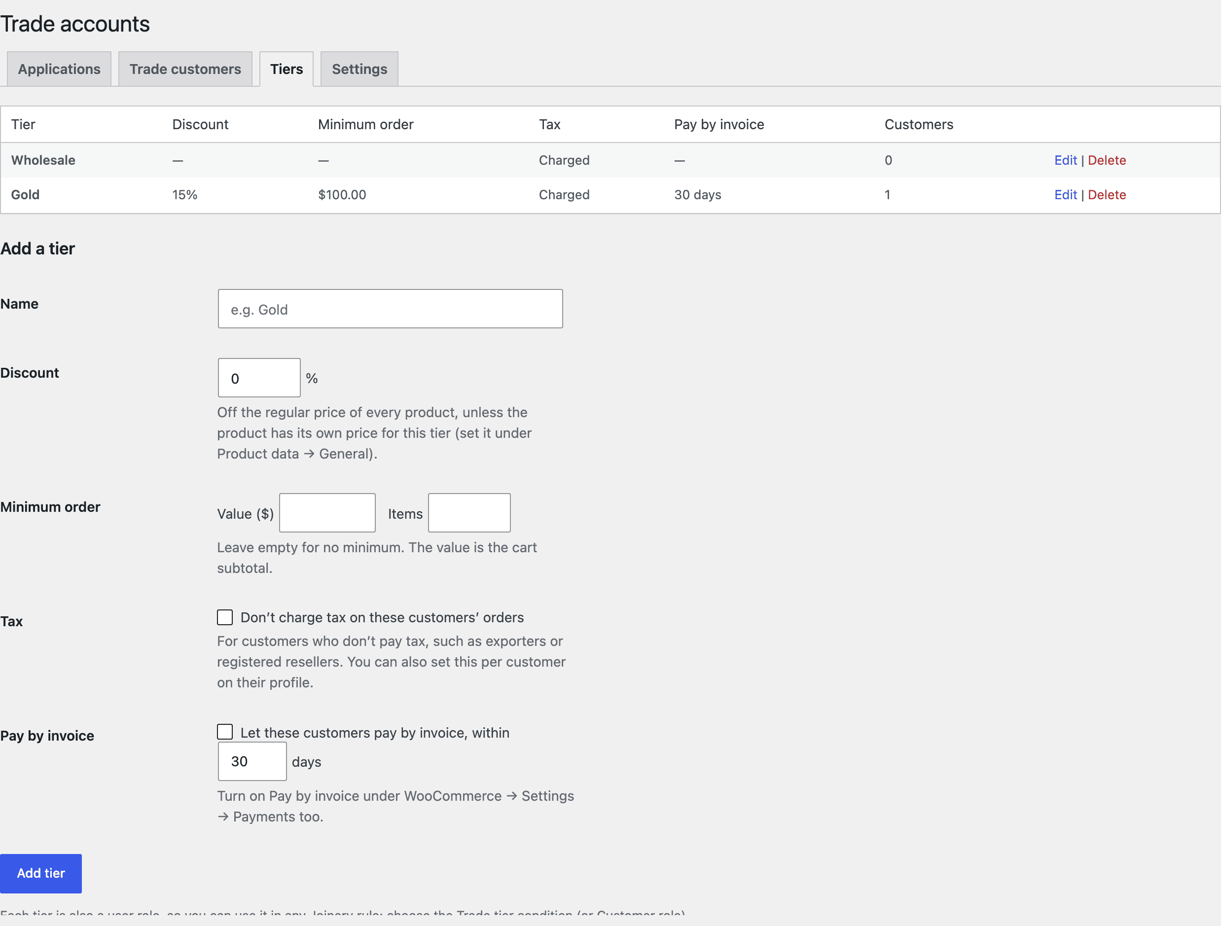 WooCommerce → Trade accounts → Tiers: Wholesale and Gold (15% off, $100 minimum, pay by invoice in 30 days), and the Add a tier form.
