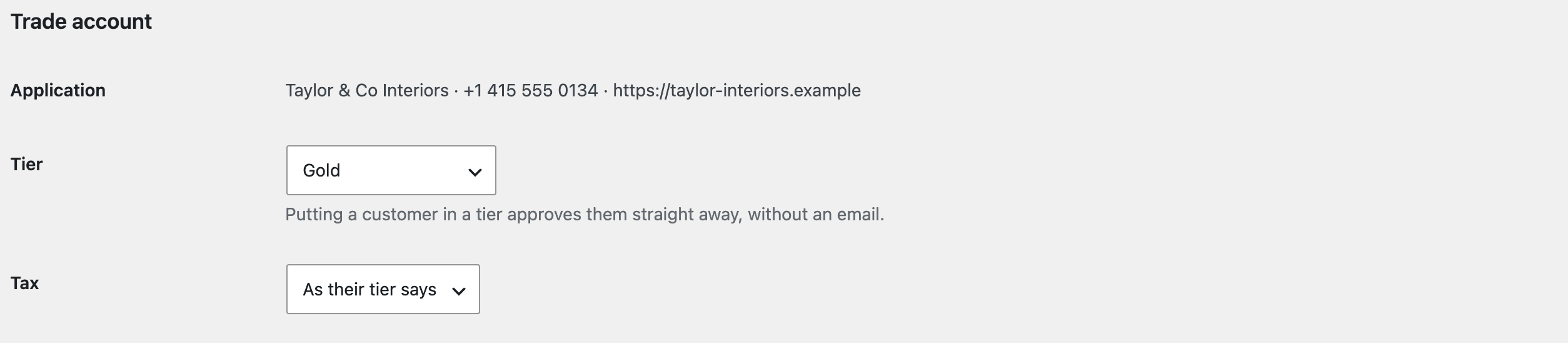 The Trade account section of a user’s profile: their application, a Tier menu and a Tax menu.