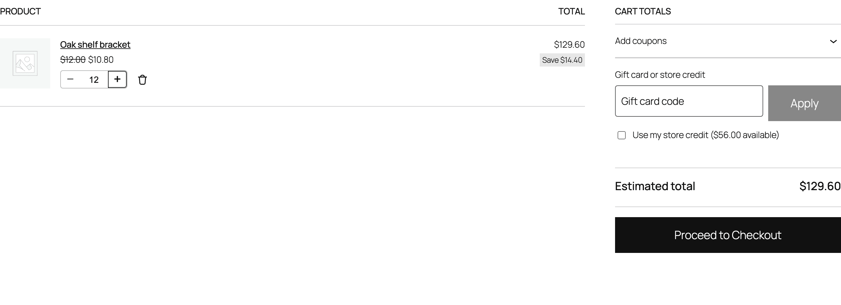 The WooCommerce cart showing the tier price $10.80 instead of $12.00 and "Save $14.40".