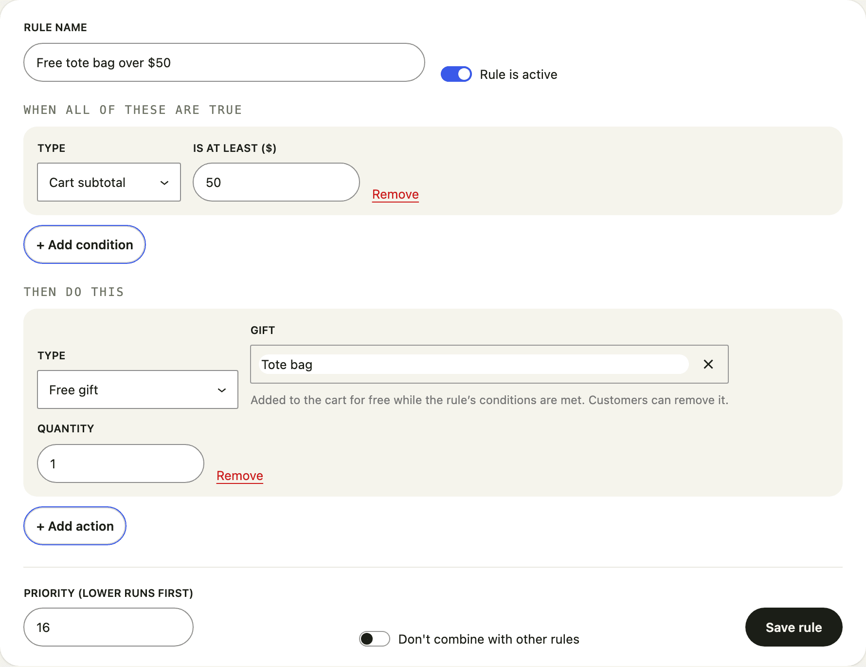 A rule named Free tote bag over $50: when Cart subtotal is at least 50, Free gift Tote bag, quantity 1.