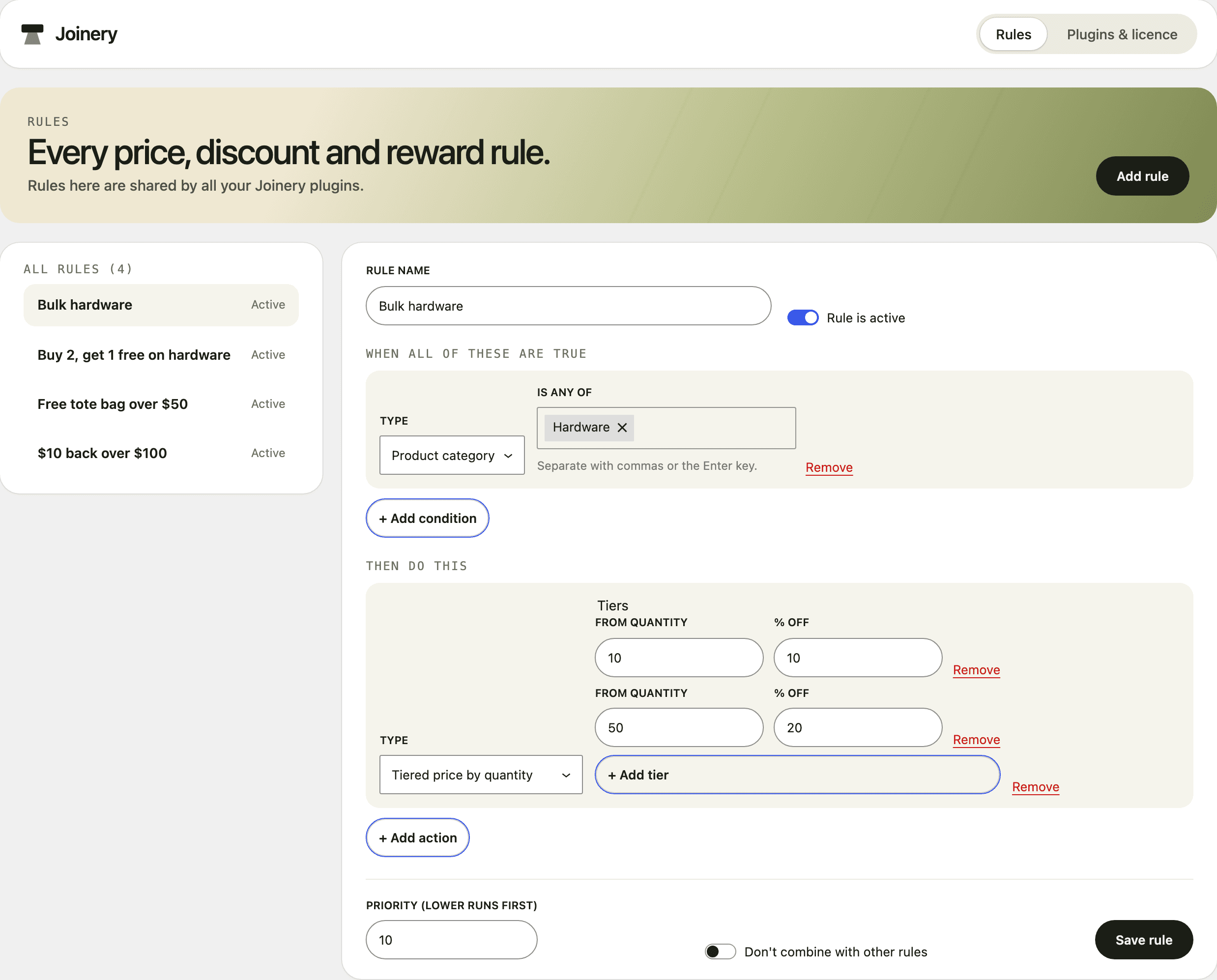 The Joinery rules screen with the rule list on the left and the rule editor on the right.
