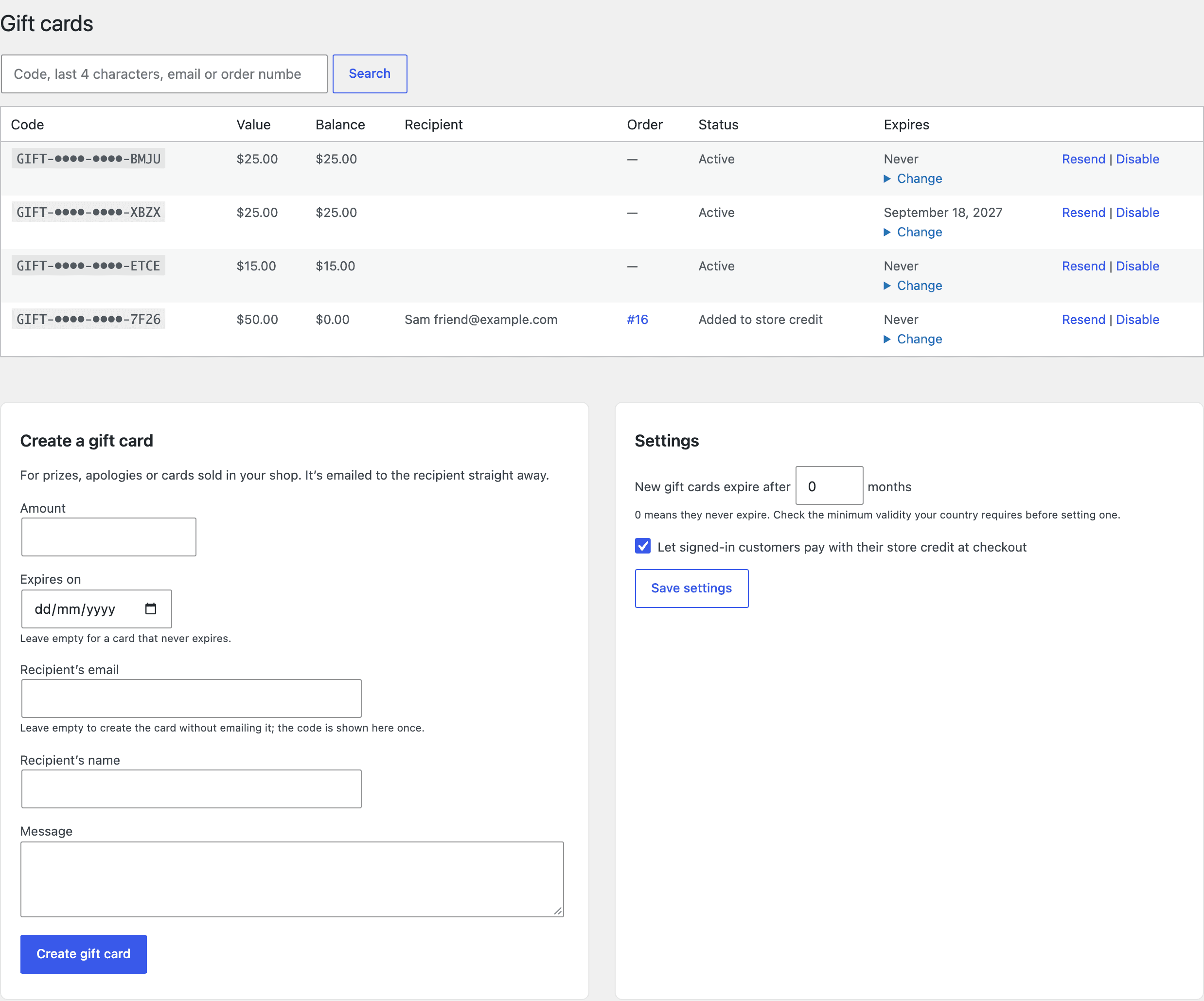 WooCommerce → Gift cards: the list of cards with balance, recipient, order, status and expiry (each with Change), plus the Create a gift card and Settings boxes.