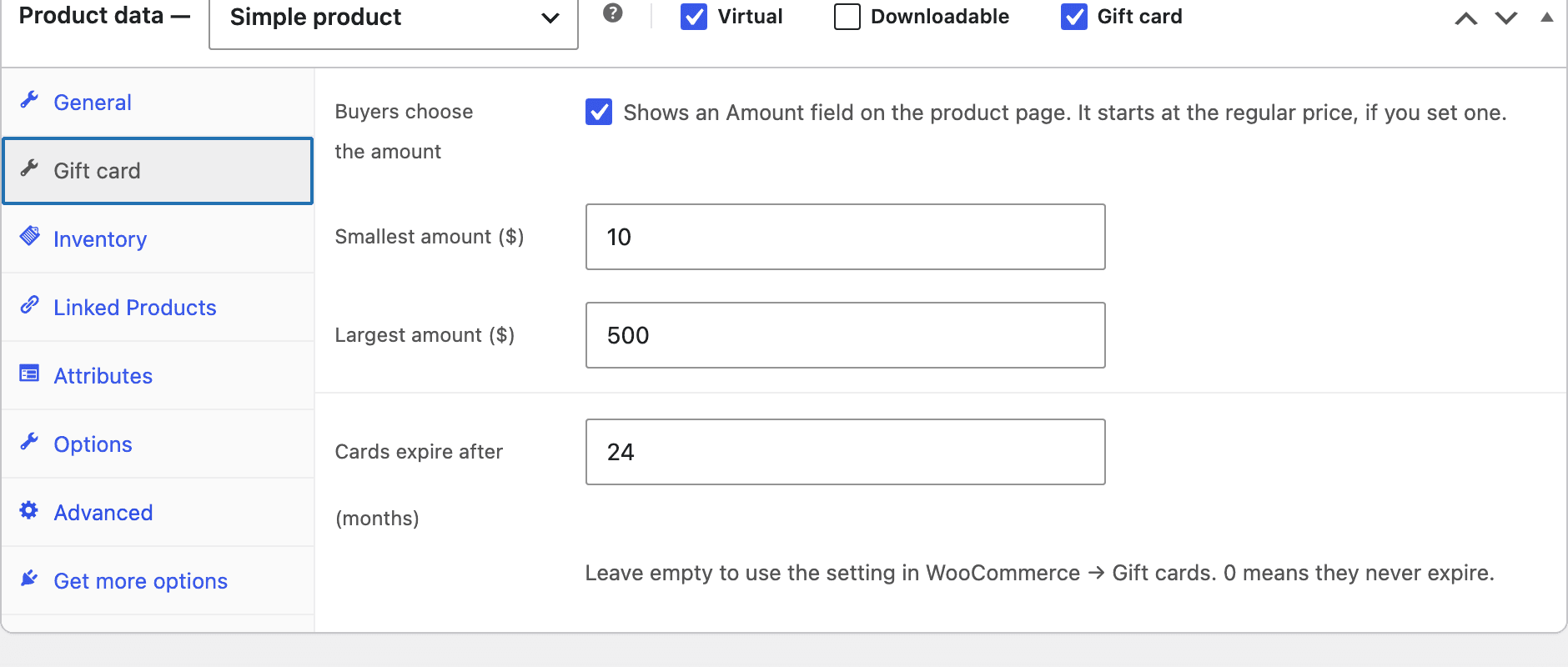 The Product data box with Gift card ticked and its Gift card tab: Buyers choose the amount, Smallest amount 10, Largest amount 500 and Cards expire after 24 months.