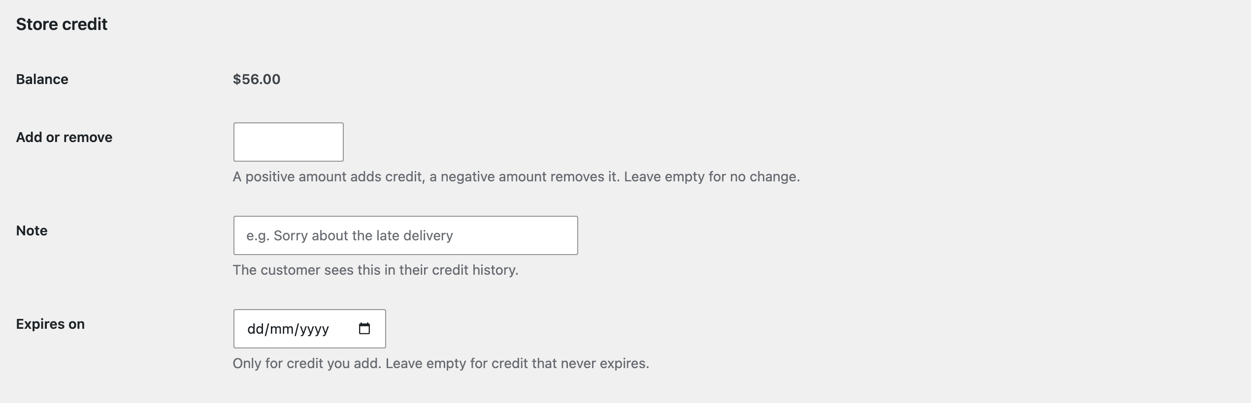 The Store credit section of a user’s profile: the balance, Add or remove, a Note the customer sees, and Expires on.