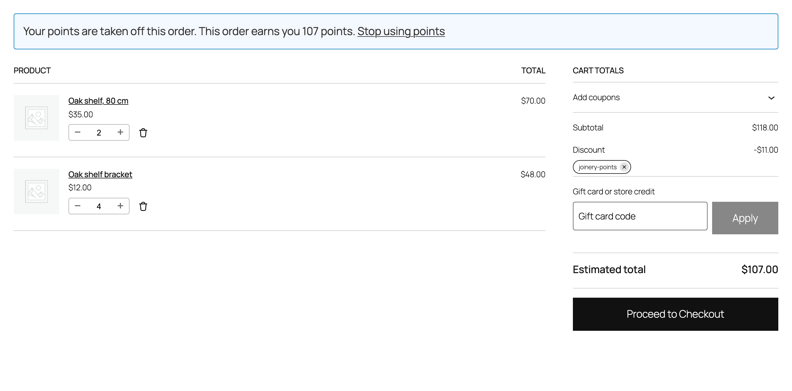 The cart after using points: an $11.00 discount, $107.00 to pay, and 107 points to earn.