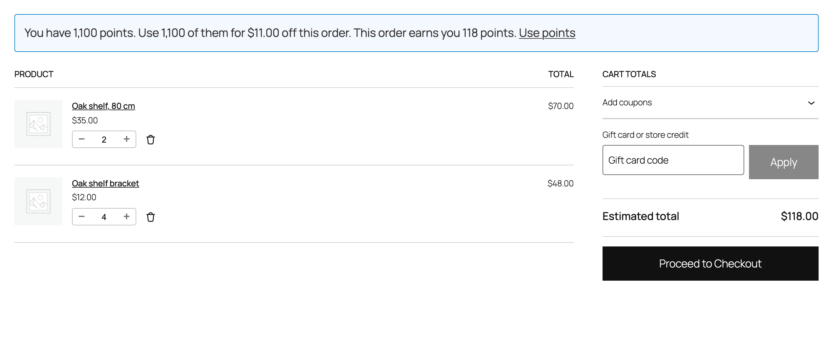 The cart with the notice: You have 1,100 points. Use 1,100 of them for $11.00 off this order. This order earns you 118 points. Use points.