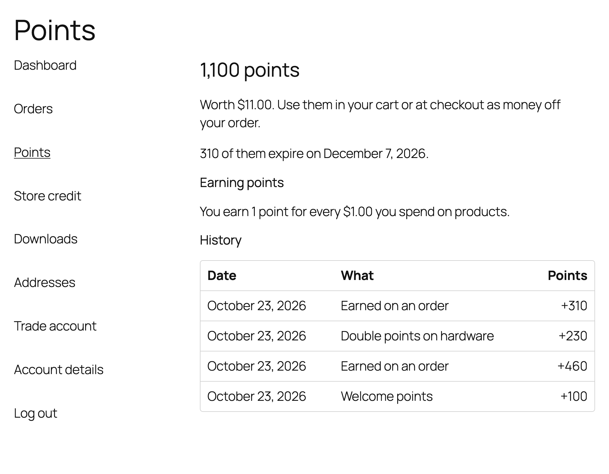 My account → Points: 1,100 points worth $11.00, the points expiring soonest, the earn rate and the history of welcome, order and bonus points.