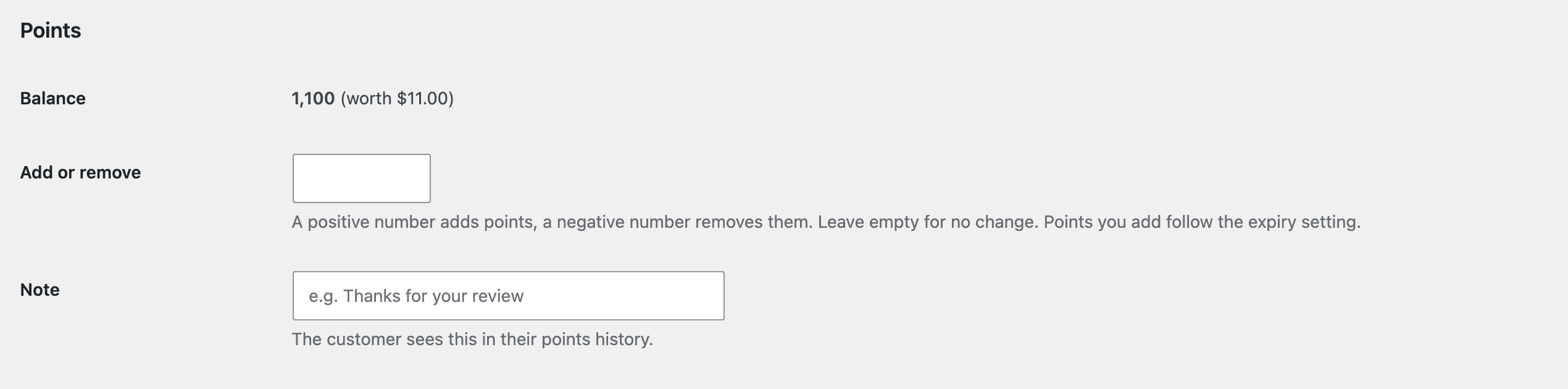 The Points section of a user’s profile: Balance 1,100 (worth $11.00), an Add or remove field and a Note.