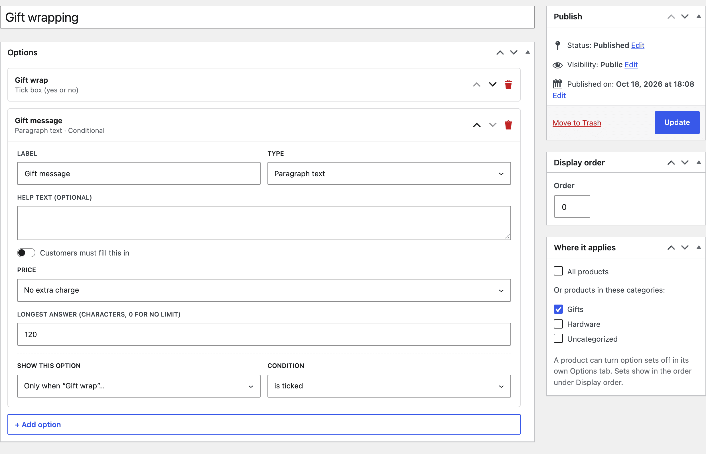 Products → Option sets → Gift wrapping: a Gift wrap tick box and a Gift message shown only when it’s ticked, applied to the Gifts category.