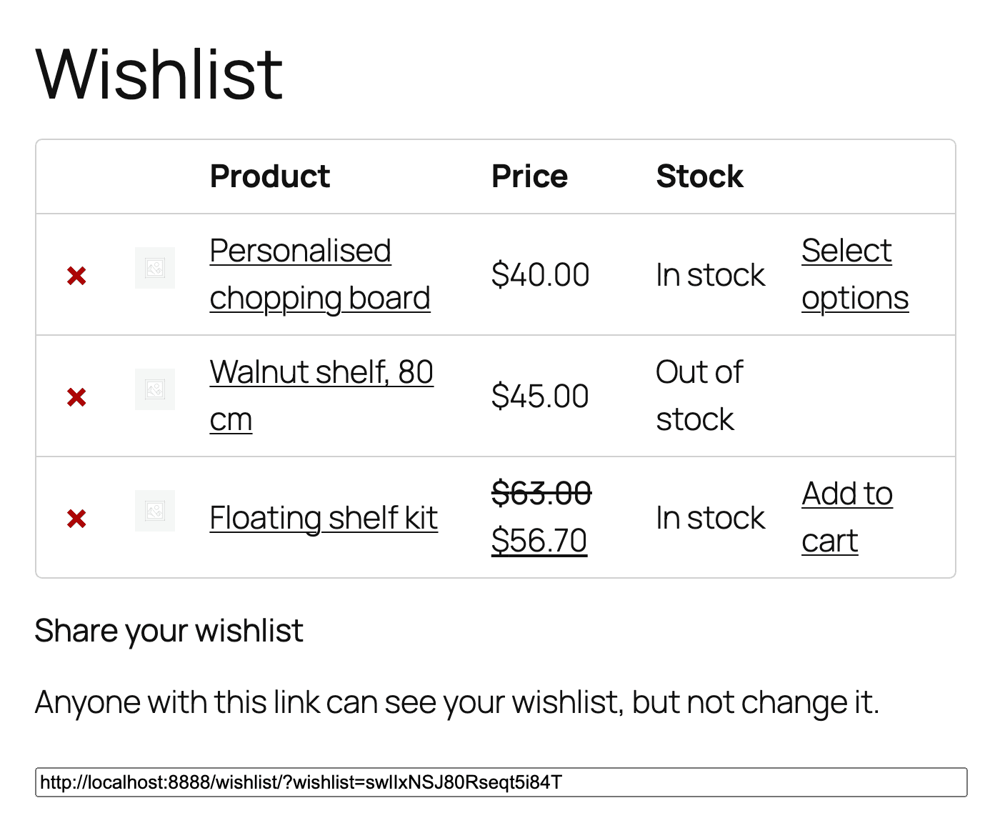 The Wishlist page: three products with their prices, stock and add to cart links, and a private link to share the list.